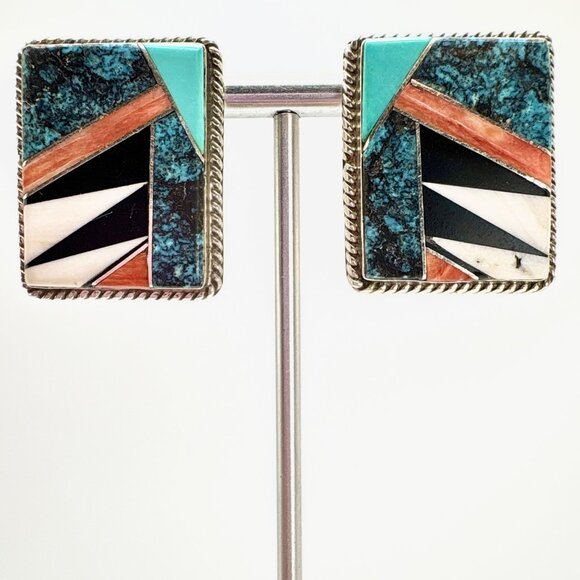 Navajo Jewelry - VTG Sterling Silver Navajo Paul Largo Turquoise Multi Stone Inlay Earrings 1" L